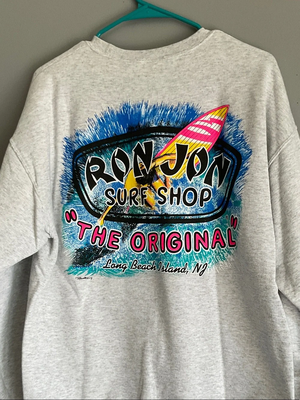 Ron Jon Gray Crewneck Sweatshirt with Teal & Navy Sleeve Logos